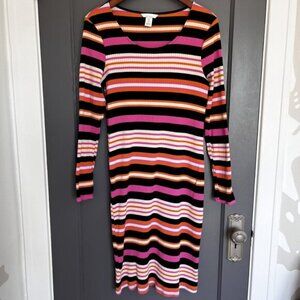 H&M Mama Maternity Rib Jersey Dress Striped Orange Pink Midi Cotton Elastane XL